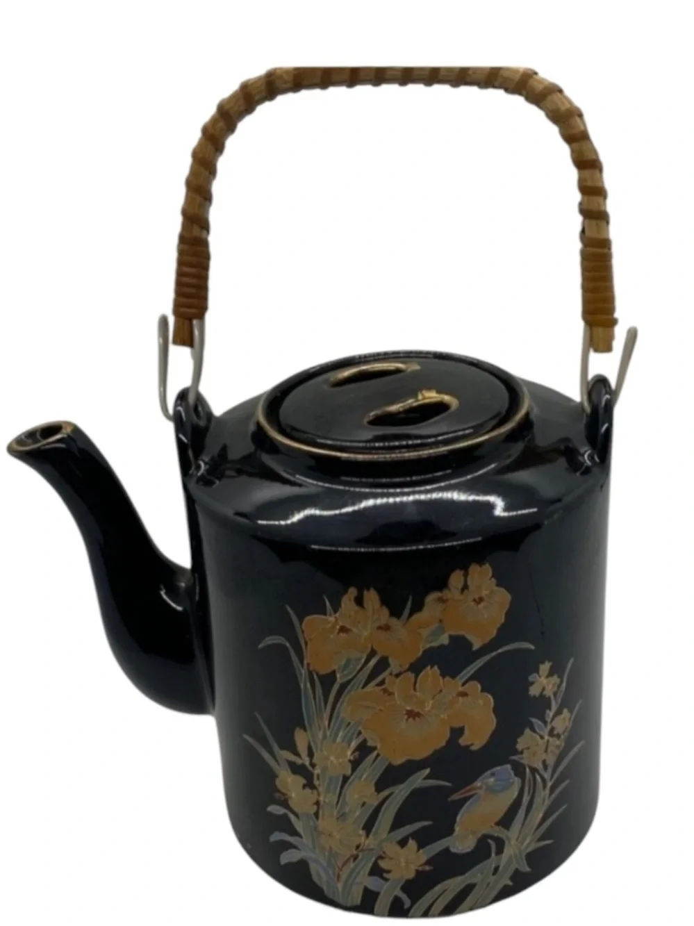 Vintage Black Teapot w/Wicker Handle -Made in Japan
